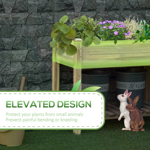 Light green fir wood outsunny garden wooden planter with legs storage shelf growing strawberries and purple flowers
