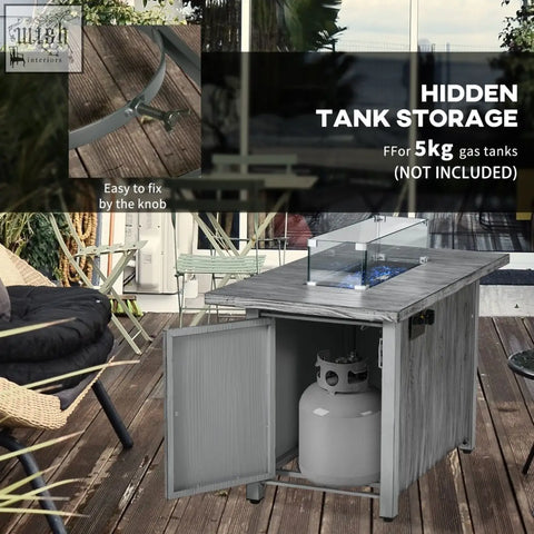 Gray metal outsunny gas pit table with 50,000 btu burner glass top flame and hidden storage for 5kg gas tanks