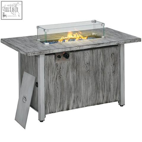 Gray wood-grain outsunny gas pit table with 50000 btu burner glass-enclosed flame and side control knobs