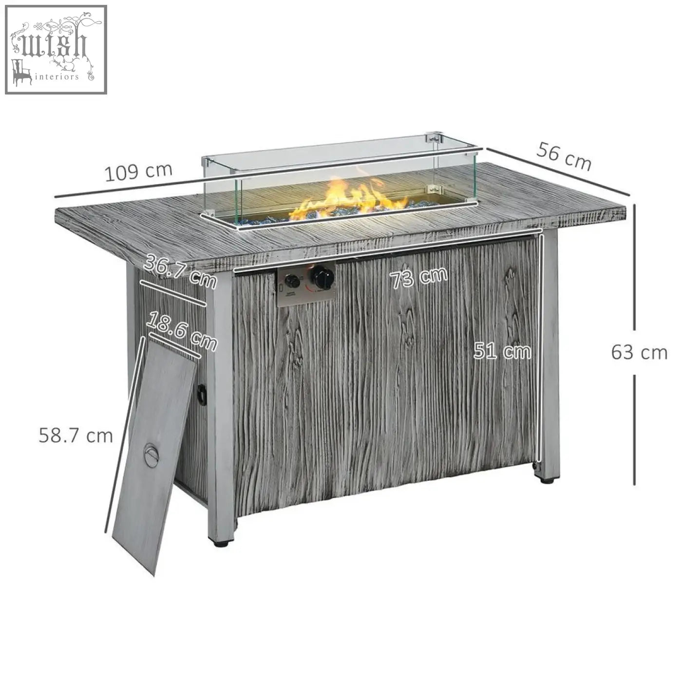 Gray wood-grain outsunny gas pit table with 50,000 btu burner glass enclosure and stainless steel legs
