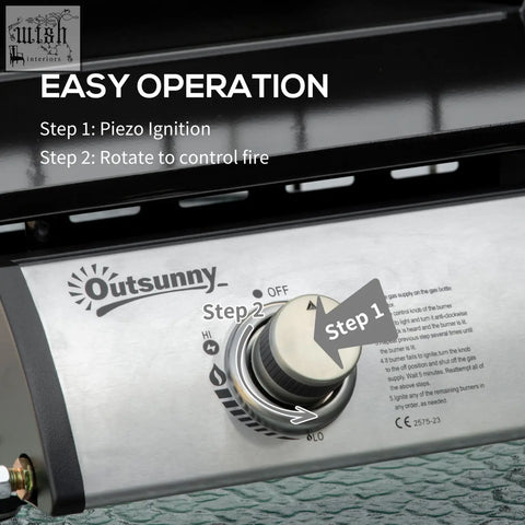Silver stainless steel control knob with black accents and textured grip on outsunny gas plancha grill with 2 burner 6kW power and grease collection box