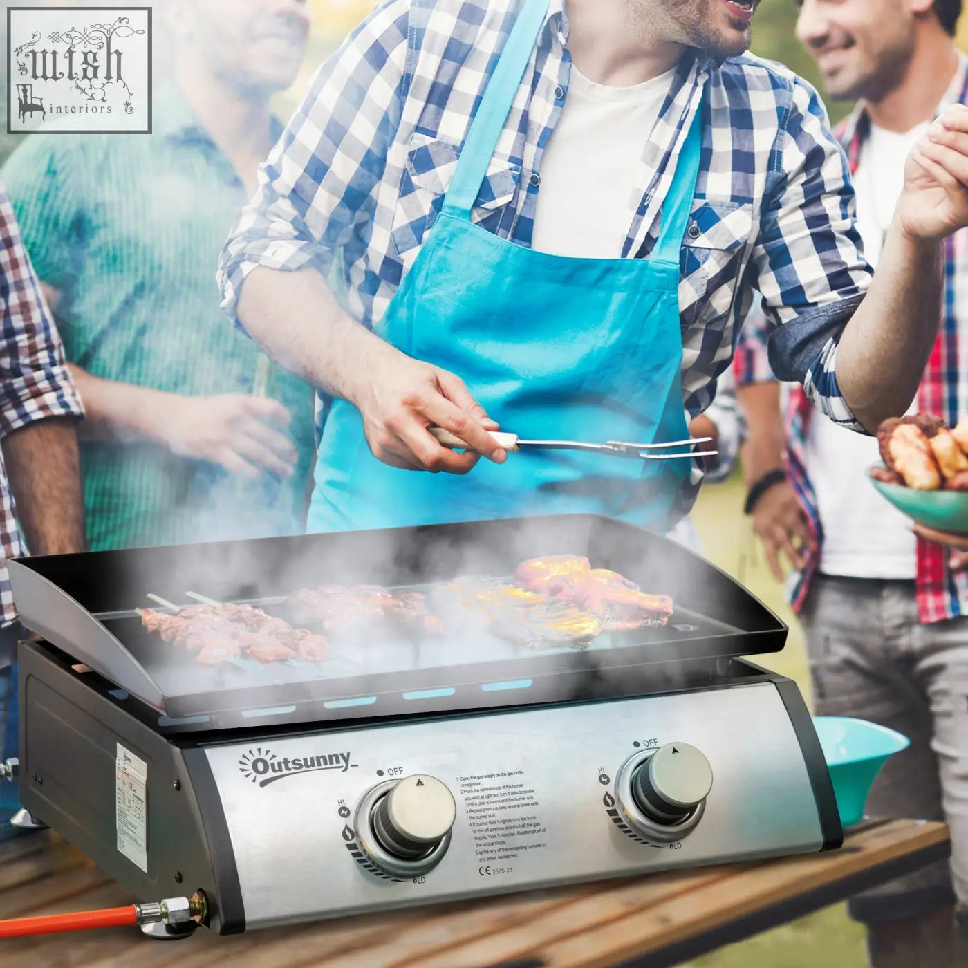 Silver and black outsunny portable gas grill with 2 stainless steel burners 6kW power grease collection box and cooking areas