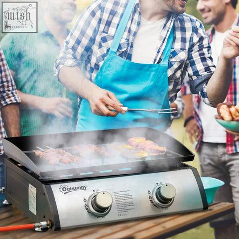 Silver and black outsunny portable gas grill with 2 stainless steel burners 6kW power grease collection box and cooking areas
