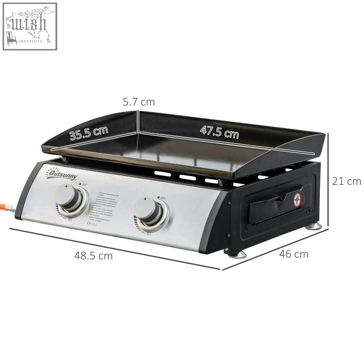 Black and silver Outsunny gas plancha grill with 3kw power, two control knobs, grease collection box, and 35.5x47.5 cm cooking areas