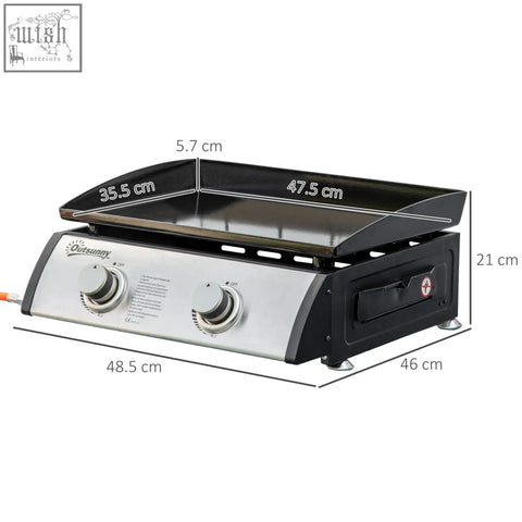 Black and silver Outsunny gas plancha grill with 3kw power, two control knobs, grease collection box, and 35.5x47.5 cm cooking areas