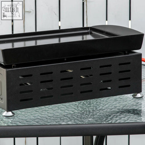 Black rectangular outsunny gas plancha grill with 6kW burners nonstick griddle and ventilation slots for easy grease collection
