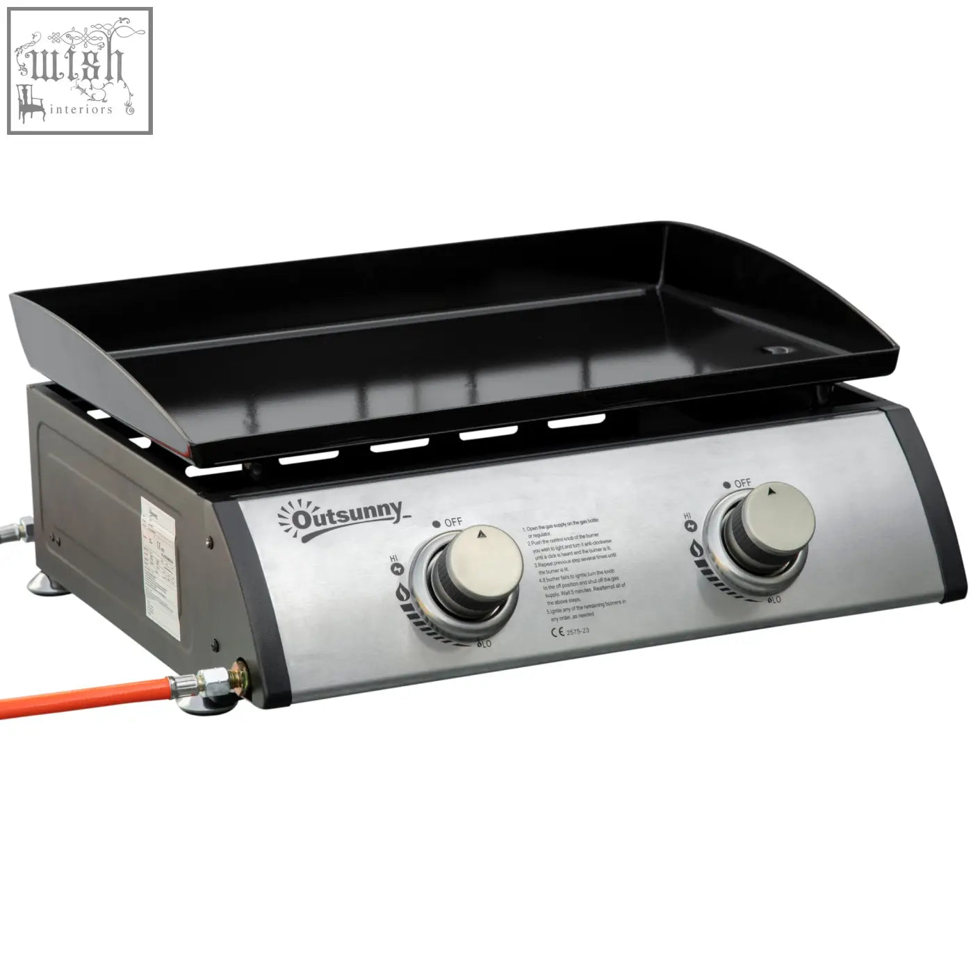 Outsunny gas plancha grill black and silver with 3kw power, grease collection box, and two cooking areas for tabletop use