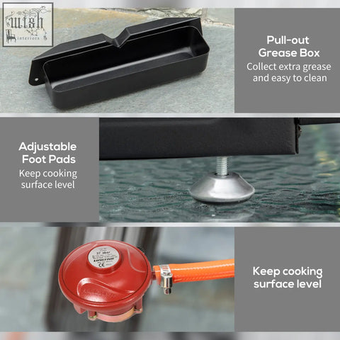 Black plastic grease collection box with handle for easy cleaning on outsunny gas plancha grill with 6kw burners