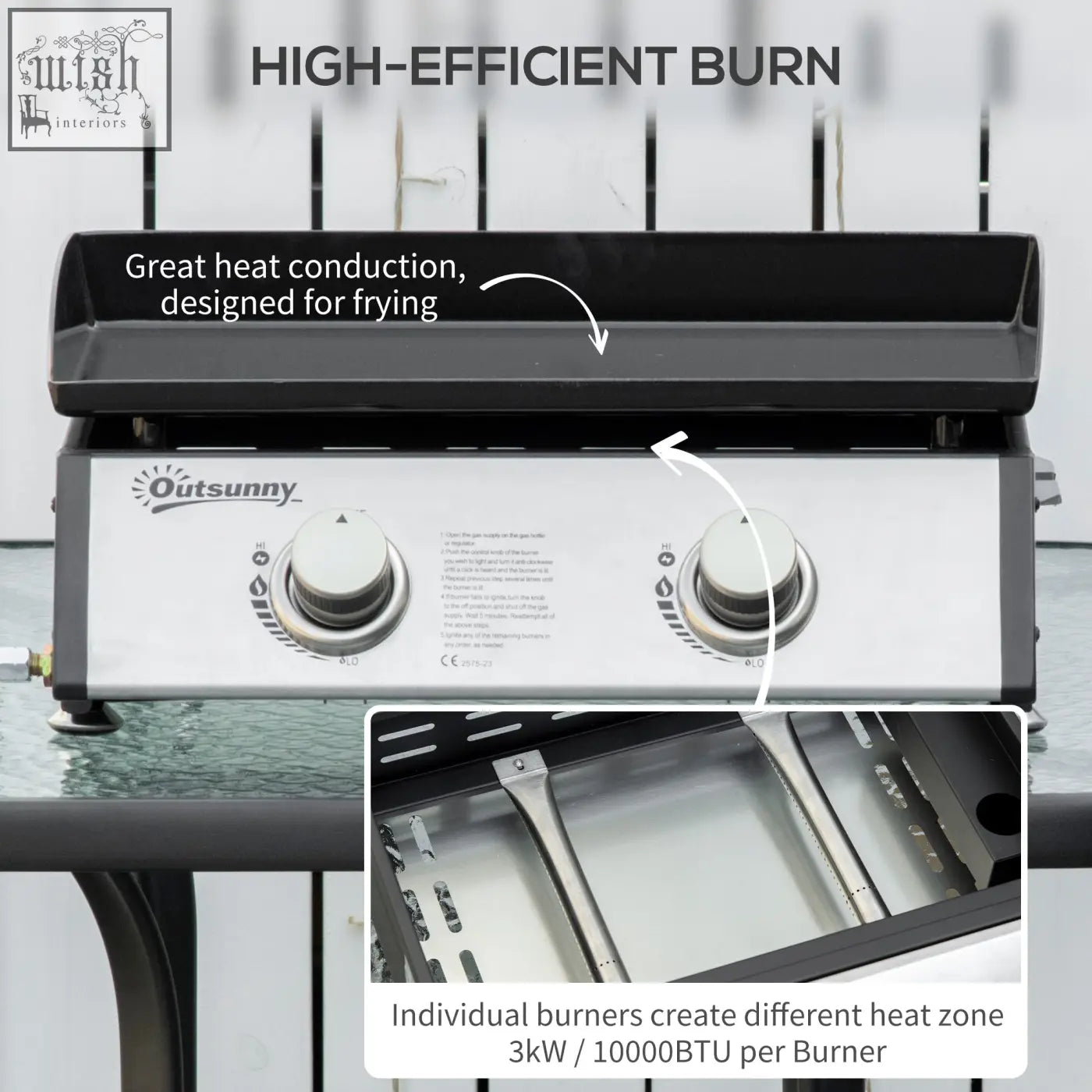 Outsunny black and silver gas plancha grill with 2 stainless steel burners 6kW power and grease collection box for easy cooking areas