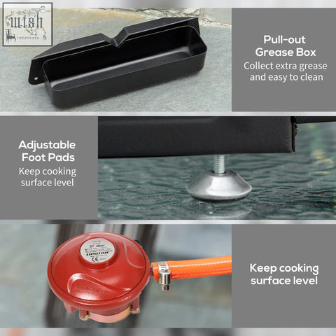 Black plastic grease collection box with handle for easy cleaning on outsunny gas plancha grill 3 stainless steel burners 9kw