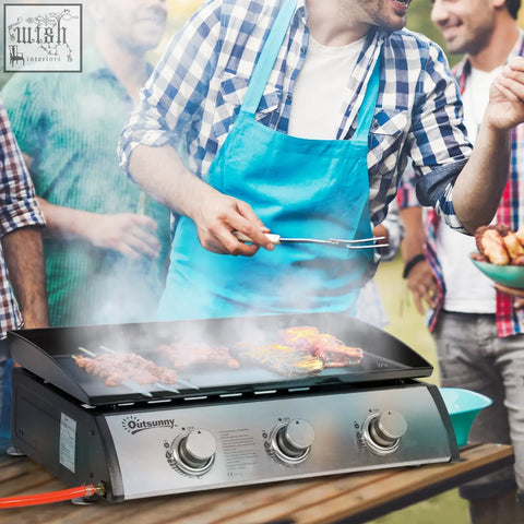 Outsunny stainless steel gas grill with 3 control knobs black griddle surface 3kw power and grease collection box