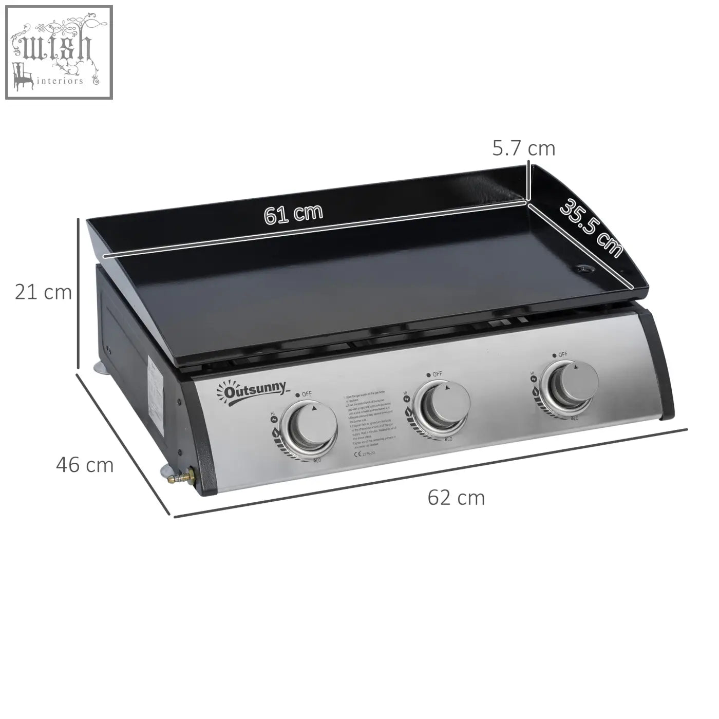 Outsunny gas plancha grill with 3 stainless steel burners 9kw power black griddle and grease collection box