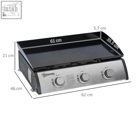 Outsunny gas plancha grill with 3 stainless steel burners 9kw power black griddle and grease collection box