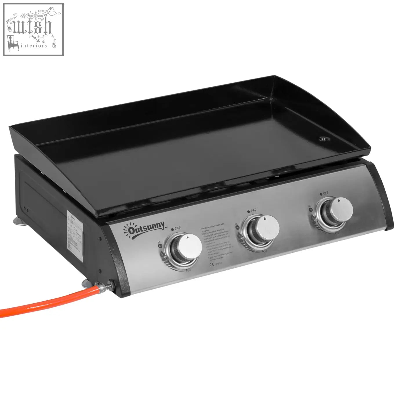 Outsunny gas plancha grill with black smooth griddle, 3 stainless steel knobs, 9kW btu 3kw power and grease collection box