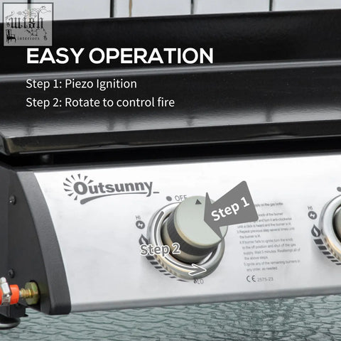 Black and silver outsunny gas grill with two knobs 9kw power grease collection box and portable cooking areas