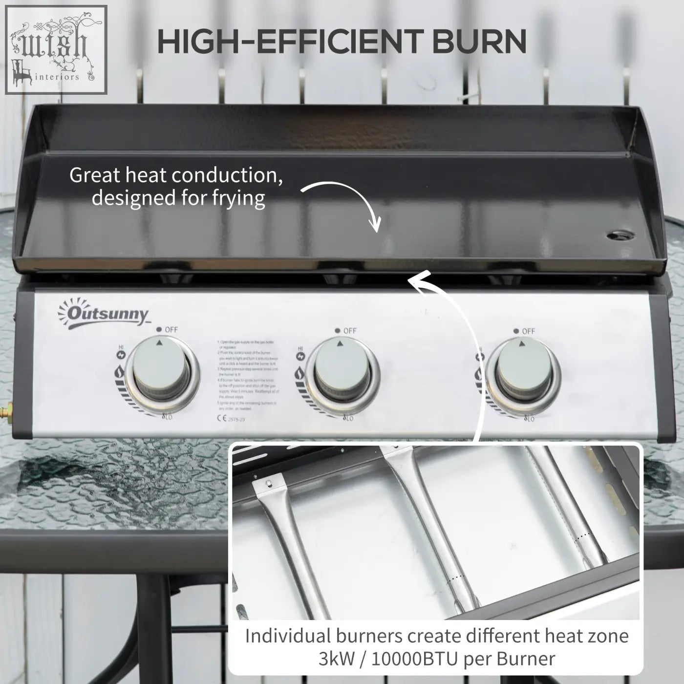Silver and black outsunny gas plancha grill with 3 stainless steel burners 9kw power grease collection box cooking areas