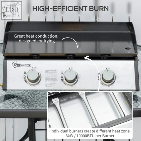 Silver and black outsunny gas plancha grill with 3 stainless steel burners 9kw power grease collection box cooking areas