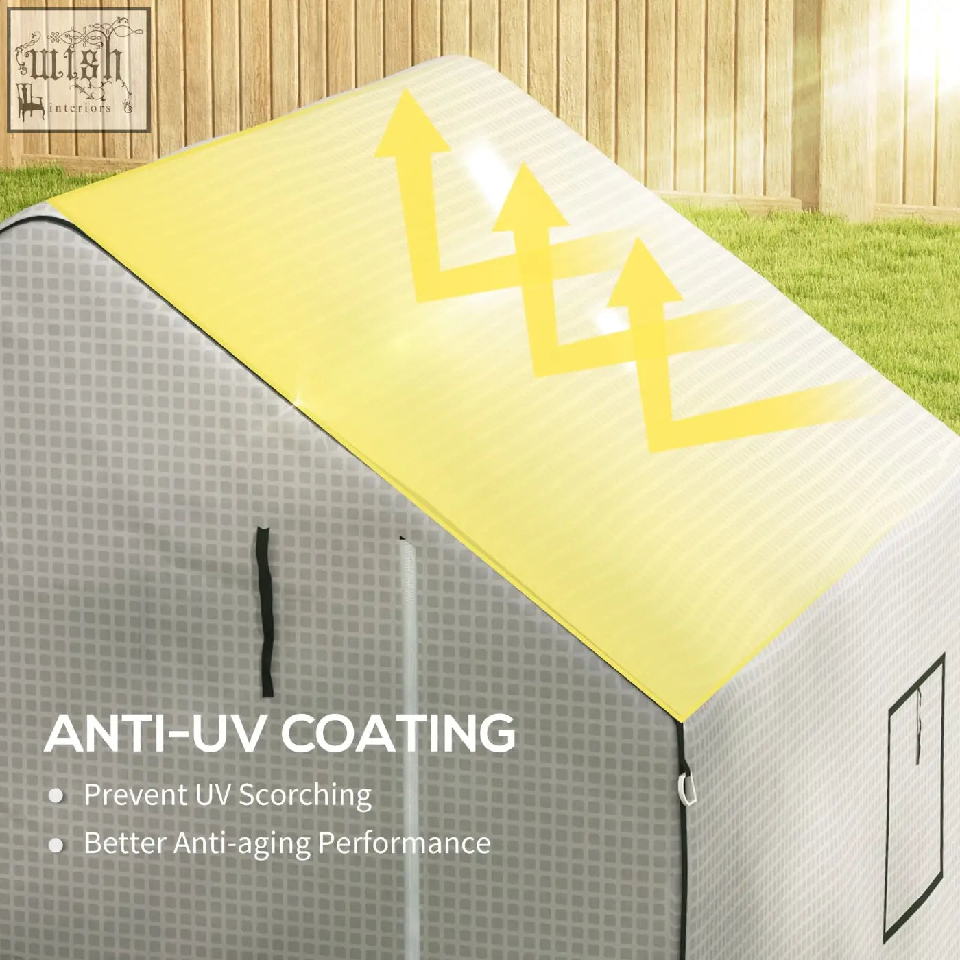 Gray and yellow outsider greenhouse cover with anti-uv grid fabric body and roll-up door for easy access