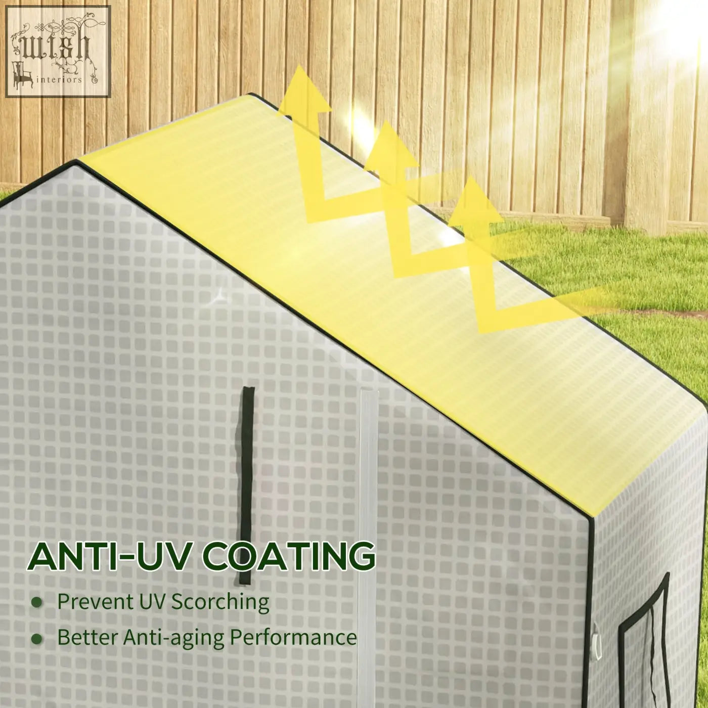 White outsunny greenhouse cover with yellow roof and grid sides features roll-up door for easy access and uv protection