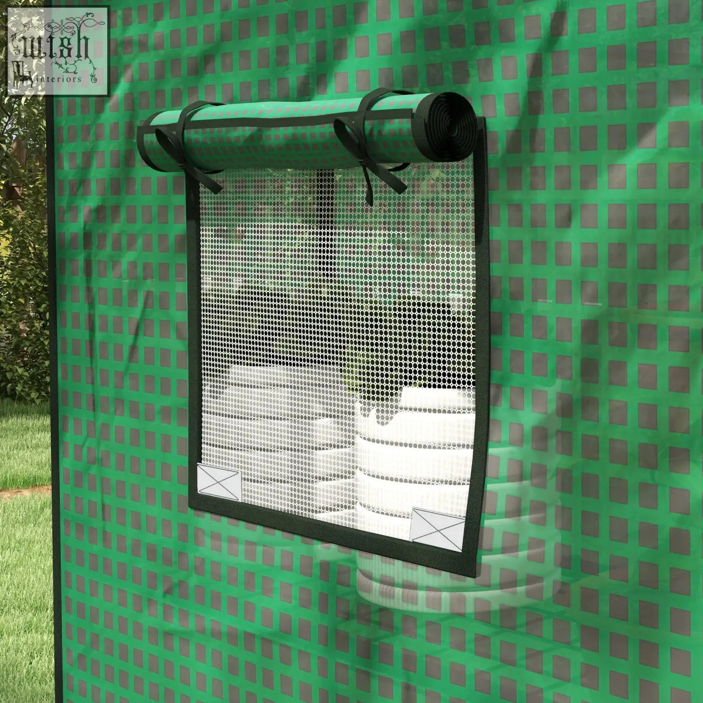 Green mesh window panel with black trim and roll-up door on green greenhouse cover for easy access and ventilation