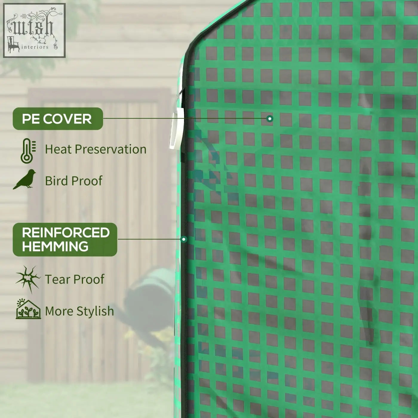 Green plastic greenhouse cover with grid pattern, reinforced hemming, roll-up door, and uv-resistant coating for outdoors