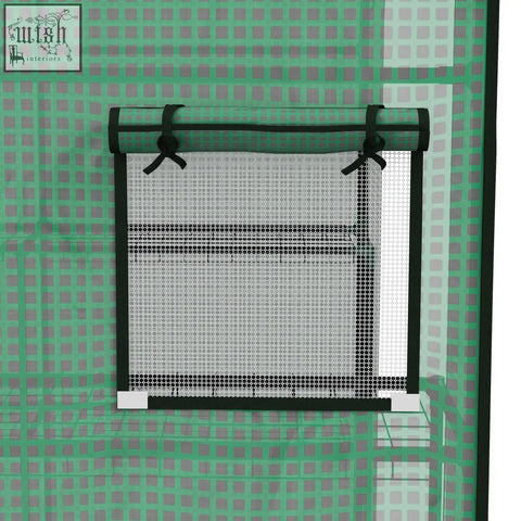 Green mesh window with black frame and roll-up cover on outsunny greenhouse cover with uv-resistant coating