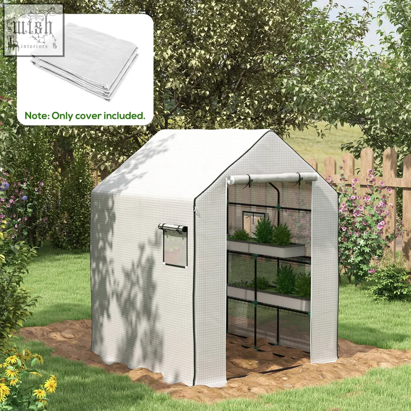 White mesh greenhouse cover with black trim and small window featuring roll-up door for easy access in garden use