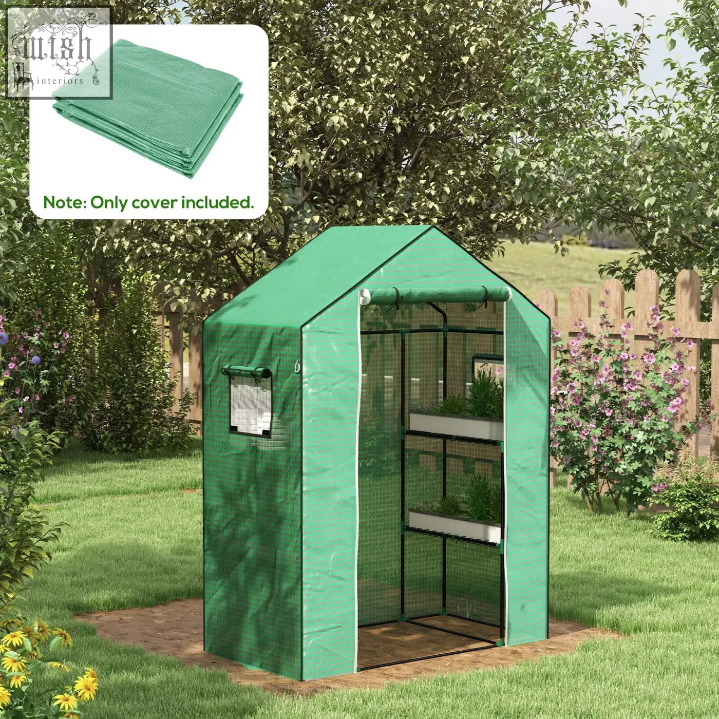 Outsunny green PE greenhouse cover with mesh sides, small window, and roll-up door for easy access shown folded