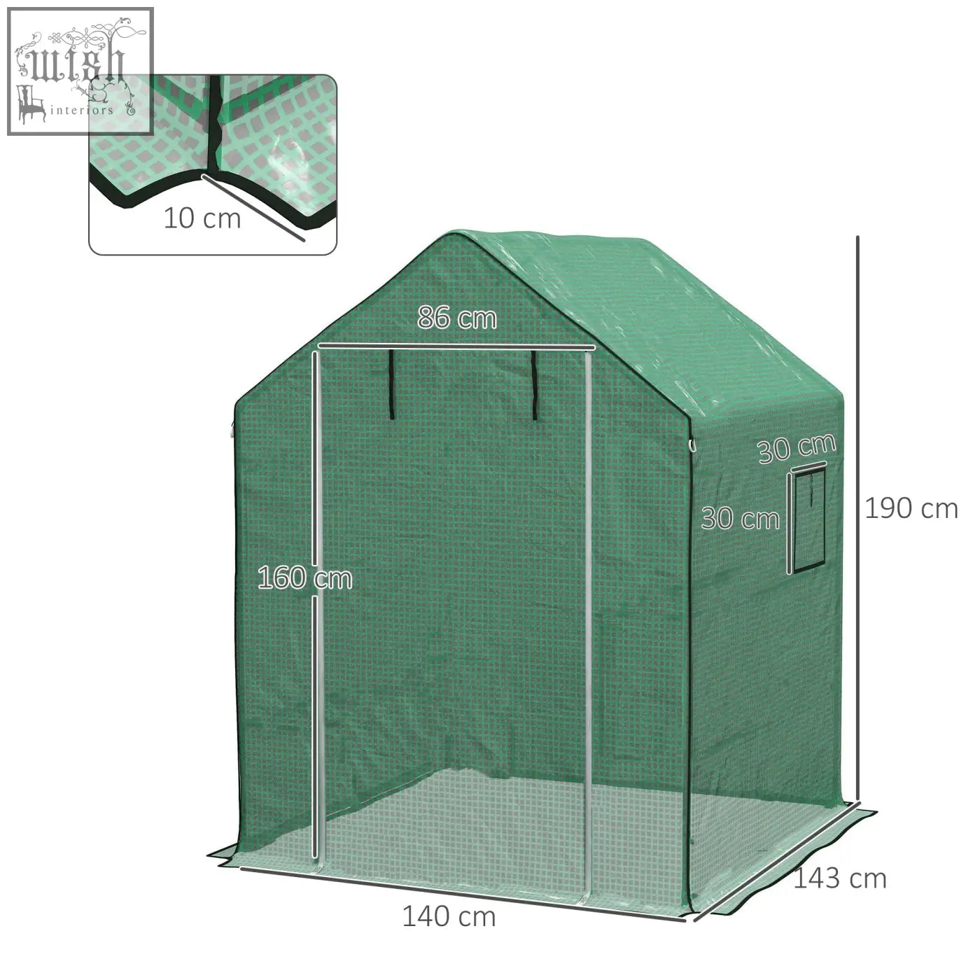 Green mesh greenhouse cover with metal frame and dimensions labeled featuring roll-up door and uv-resistant coating