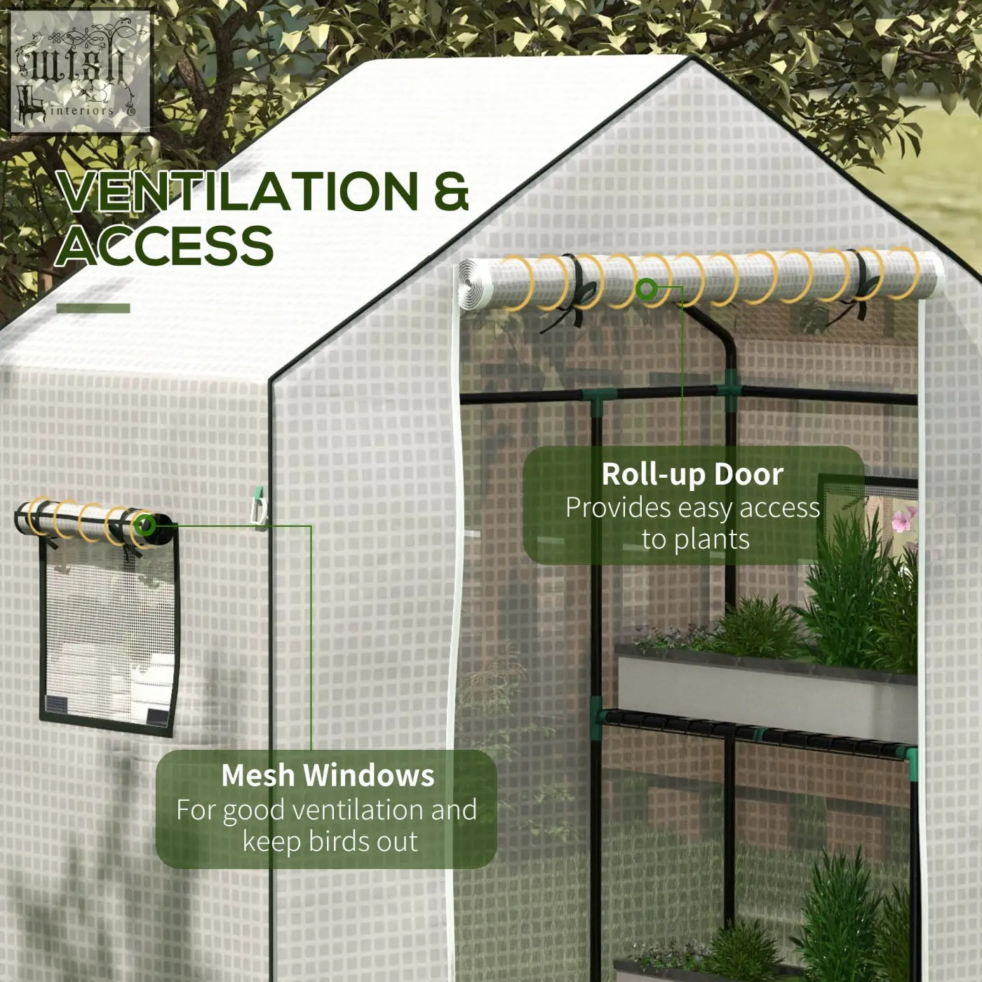 White greenhouse cover with black metal frame and roll-up door for easy access by outsunny in walk-in pe design