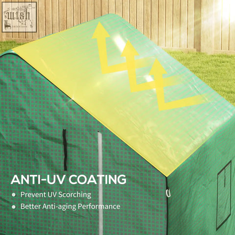 Outsunny green greenhouse cover with yellow anti-uv roof, roll-up door, easy access, and checkered green sides