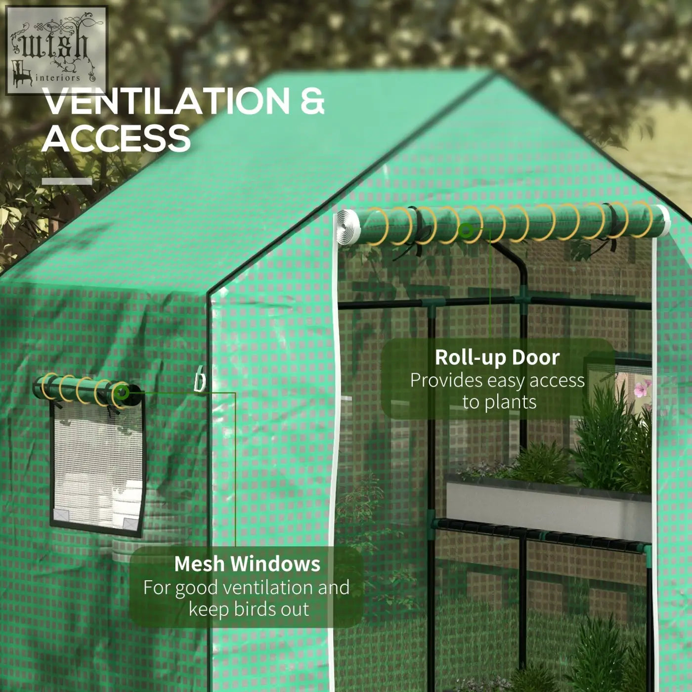 Green greenhouse cover with roll-up door and mesh windows featuring uv-resistant coating by outsunny
