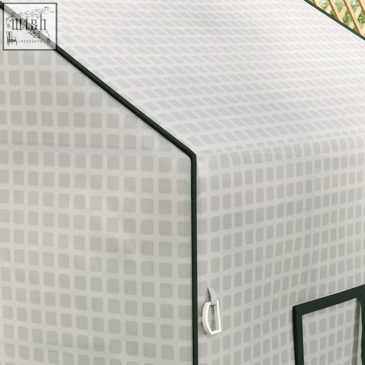 Outsunny white fabric greenhouse cover with gray grid and black trim features roll-up door for easy access