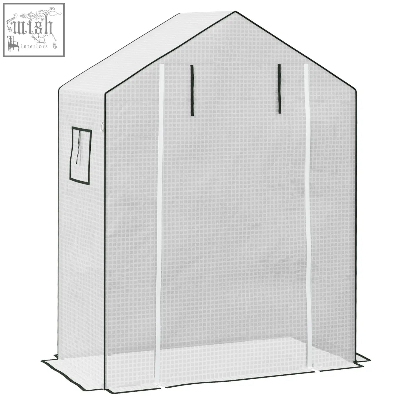 White mesh greenhouse cover with black trim and small side window features roll-up door for easy access