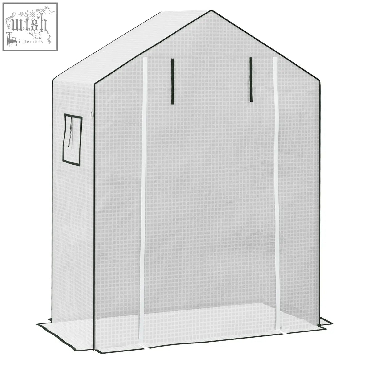 White mesh greenhouse cover with black trim and small side window features roll-up door for easy access