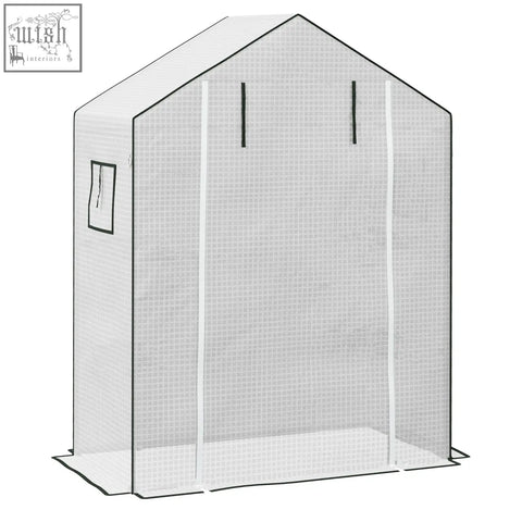 White mesh greenhouse cover with black trim and small side window features roll-up door for easy access
