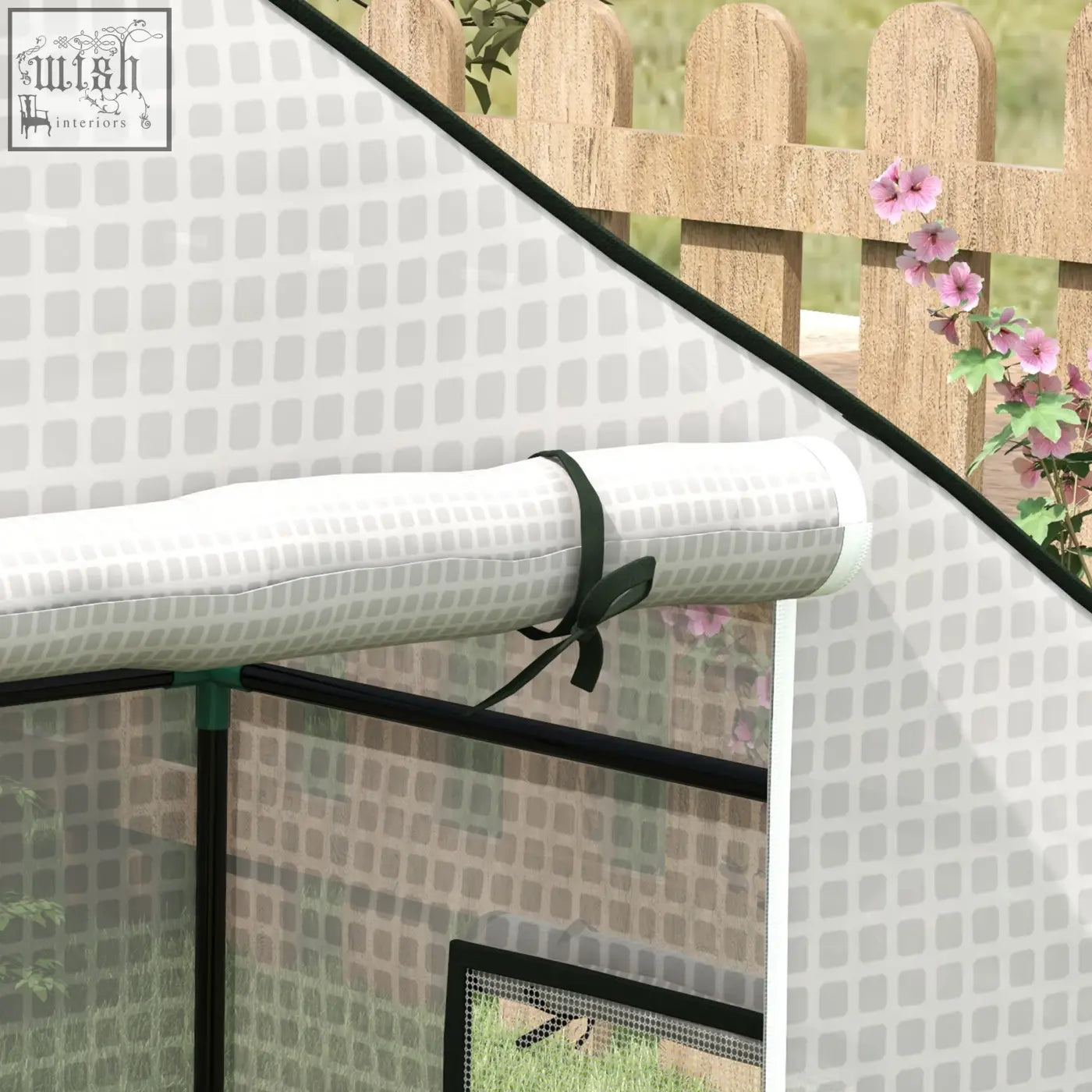 Outsunny white patterned greenhouse cover replacement with black trim roll-up door secured by green tie for easy access