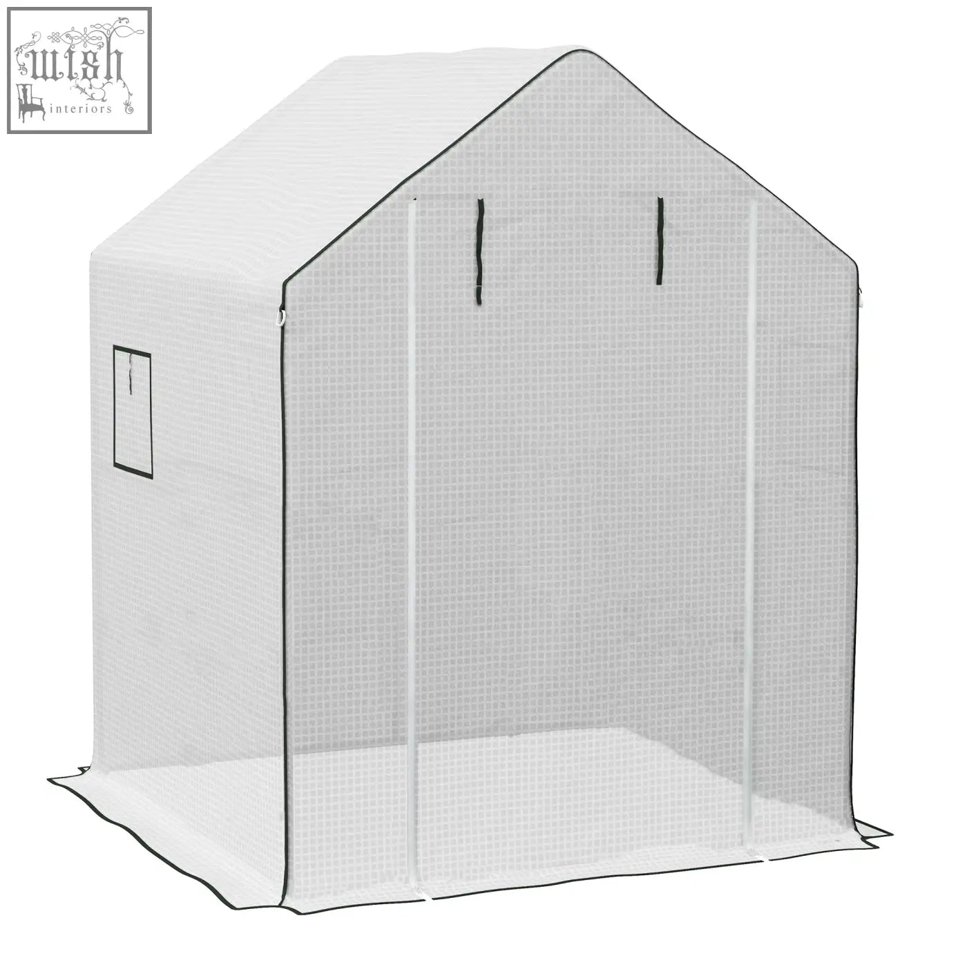 White mesh greenhouse cover with black trim and roll-up door for easy access in outsunny walk-in hot house