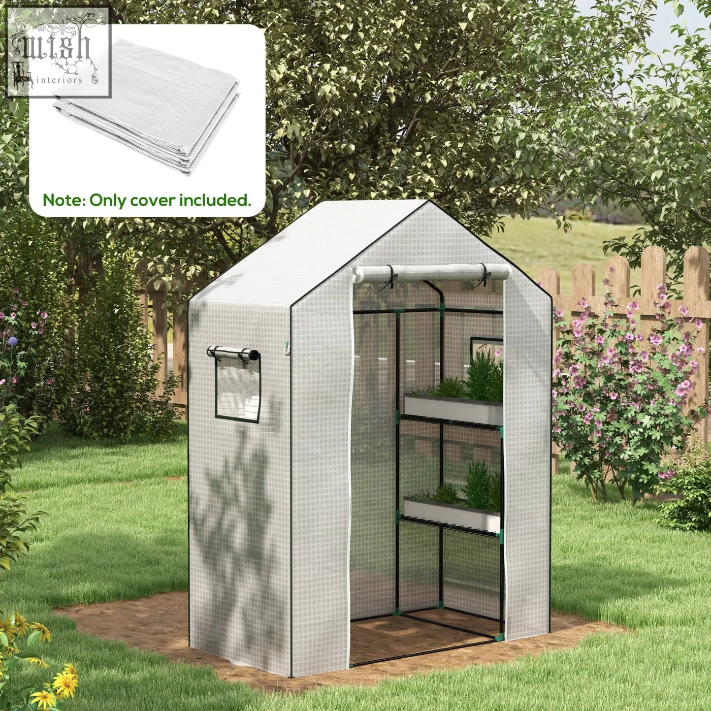 White mesh greenhouse cover with black metal frame and roll-up door for easy access by Outsunny, 140 x 73 x 190cm