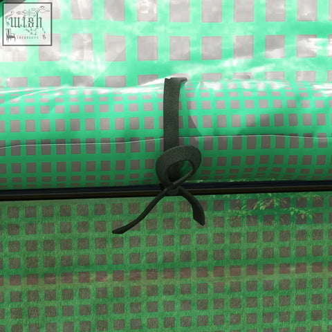 Outsunny green plastic greenhouse cover with roll-up door and uv-resistant coating secured by dark green fabric tie