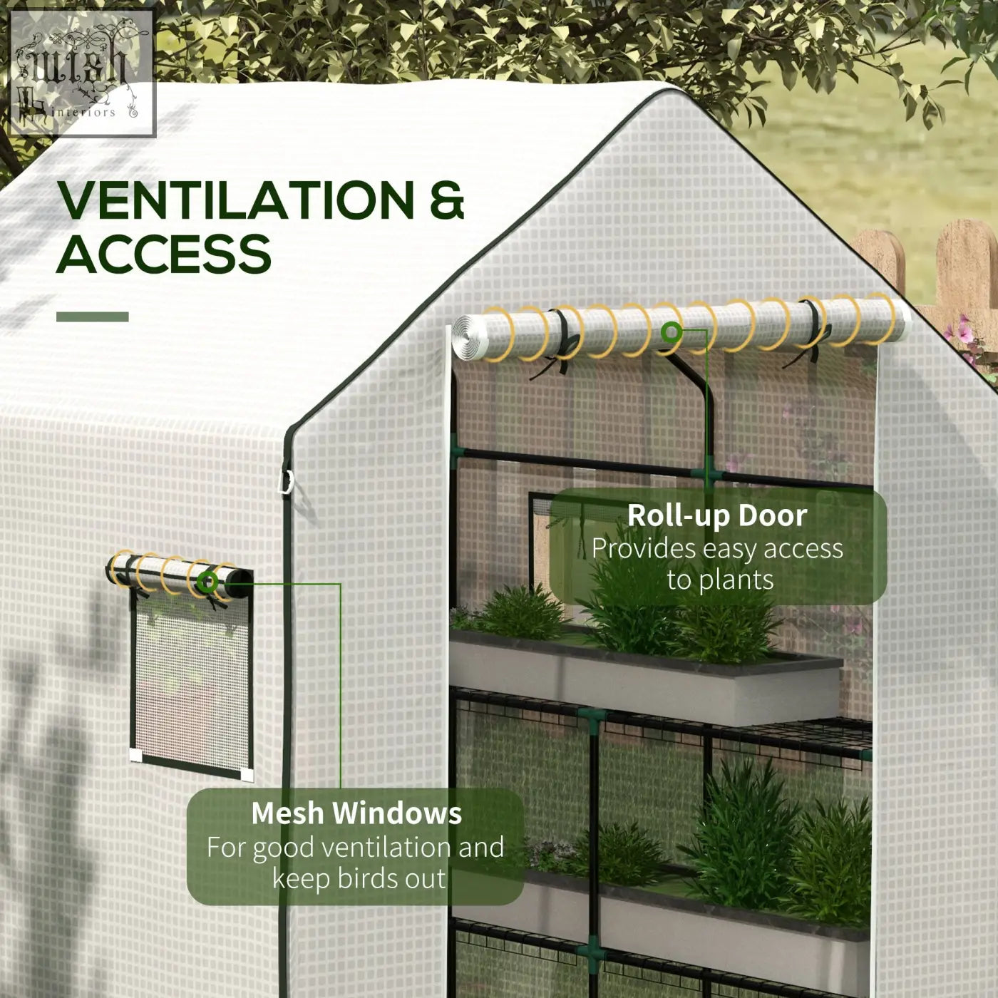 White outsunny greenhouse cover made of PE with roll-up door and mesh windows for easy access and ventilation