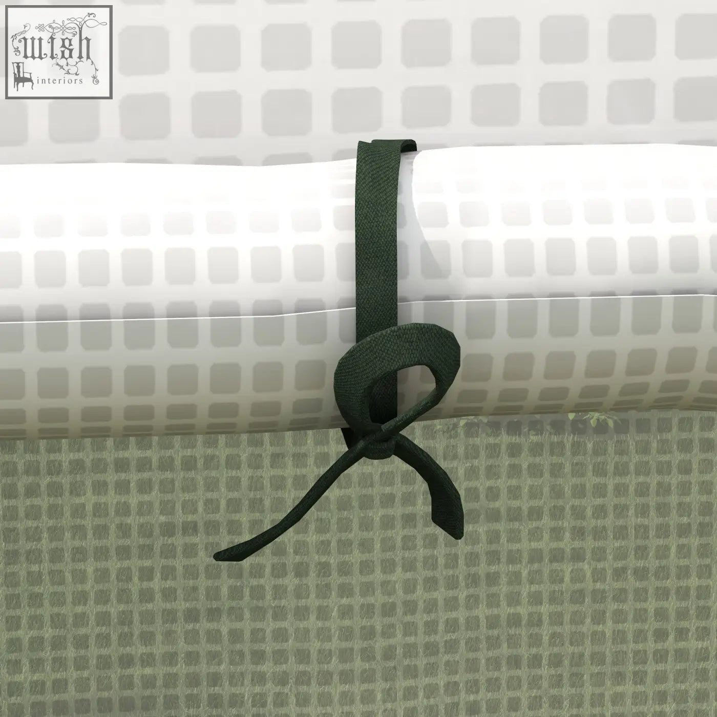 Dark green fabric tie securing white pe greenhouse cover with roll-up door for easy access and protection