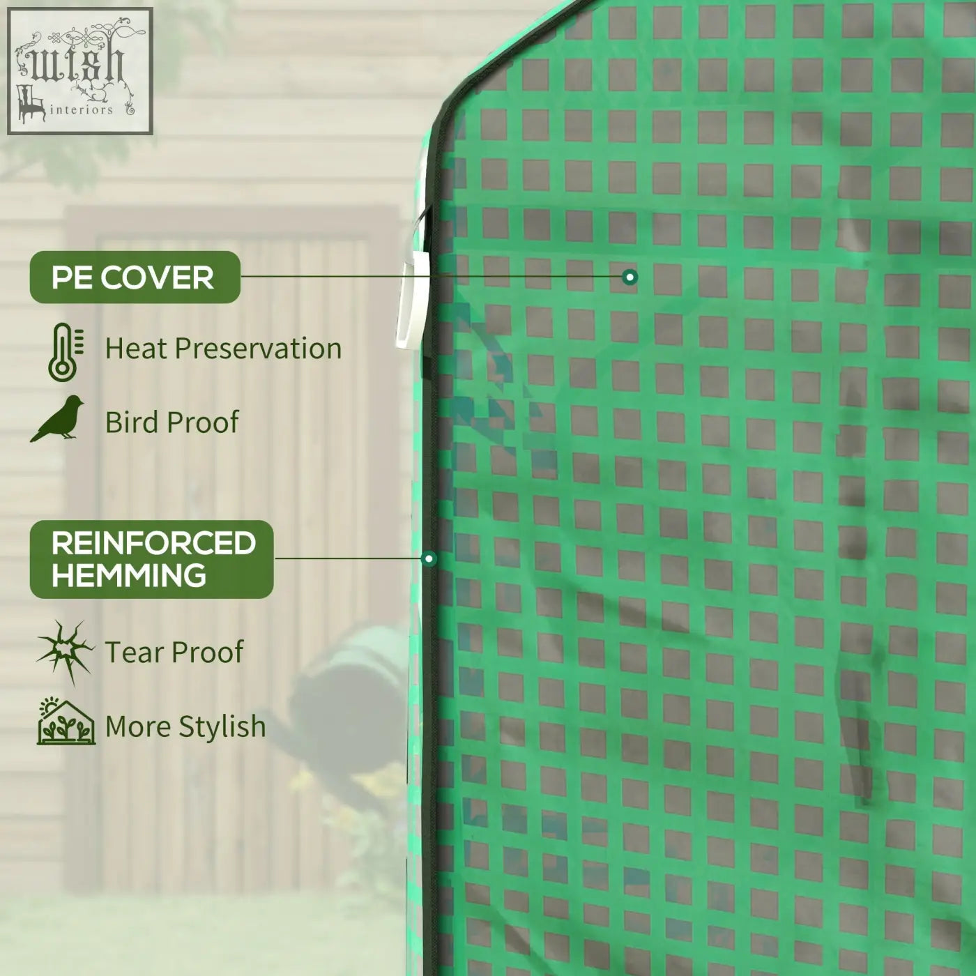 Outsunny green plastic greenhouse cover with grid pattern and reinforced hemming features a roll-up door for easy access