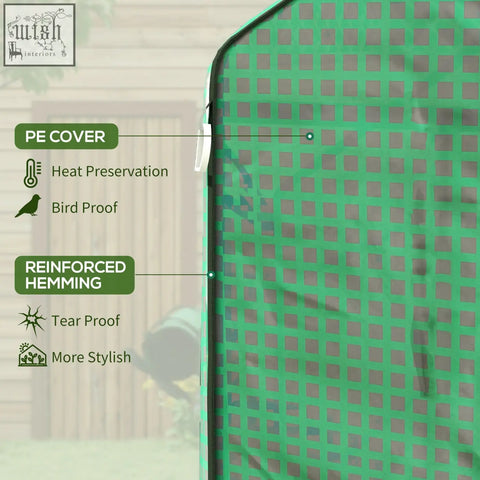 Outsunny green plastic greenhouse cover with grid pattern and reinforced hemming features a roll-up door for easy access