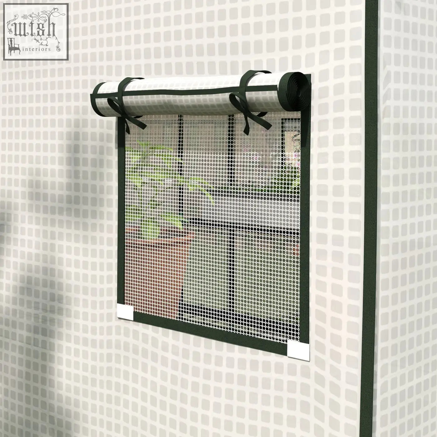 Black framed roll-up window screen with fine mesh and ties for easy access on outsunny greenhouse cover walk-in hot house