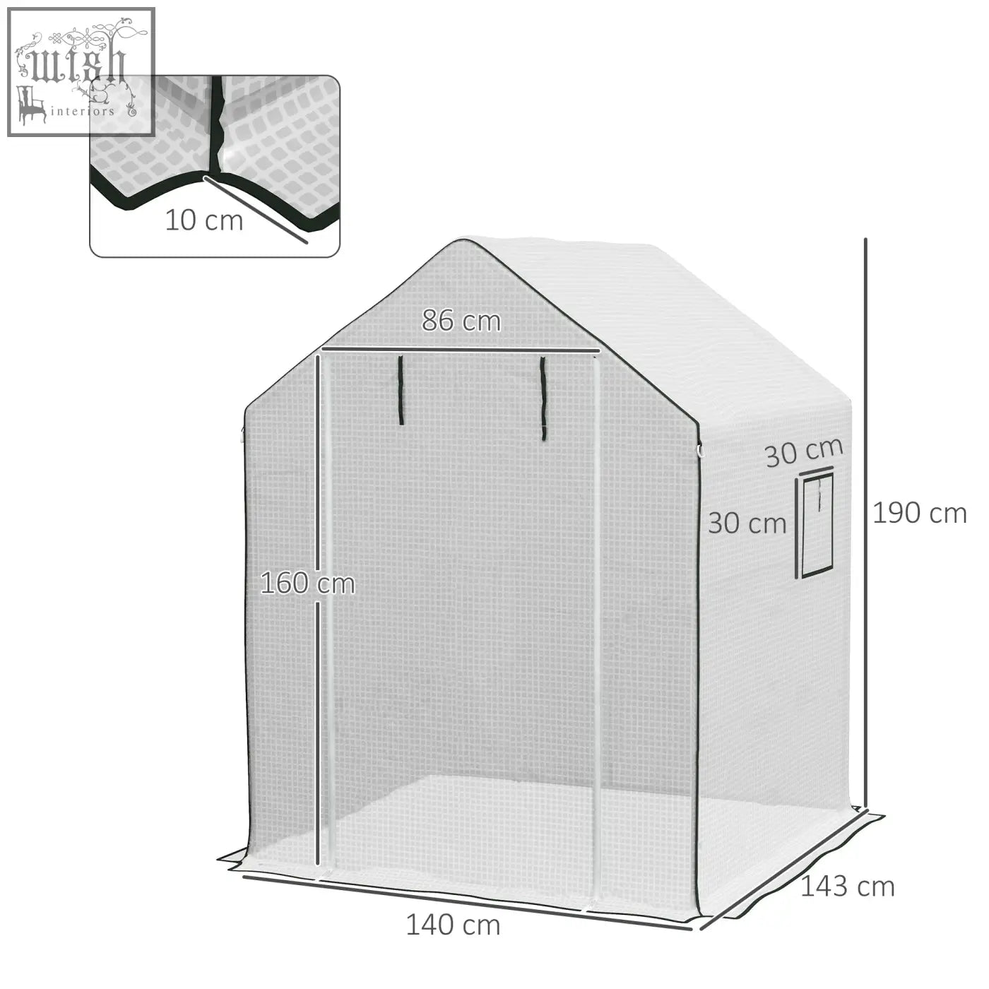 White mesh greenhouse cover with black trim and roll-up door for easy access, replacing outsunny walk-in cover 140 x 143 x 190cm