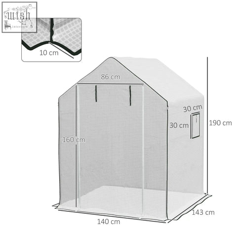 White mesh greenhouse cover with black trim and roll-up door for easy access, replacing outsunny walk-in cover 140 x 143 x 190cm