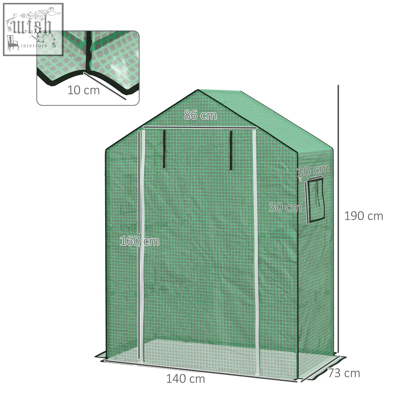 Green mesh greenhouse cover with white trim, small window, and roll-up door for easy access by Outsunny
