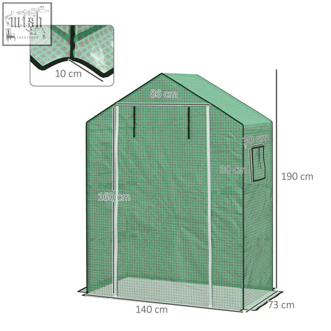 Green mesh greenhouse cover with white trim, small window, and roll-up door for easy access by Outsunny