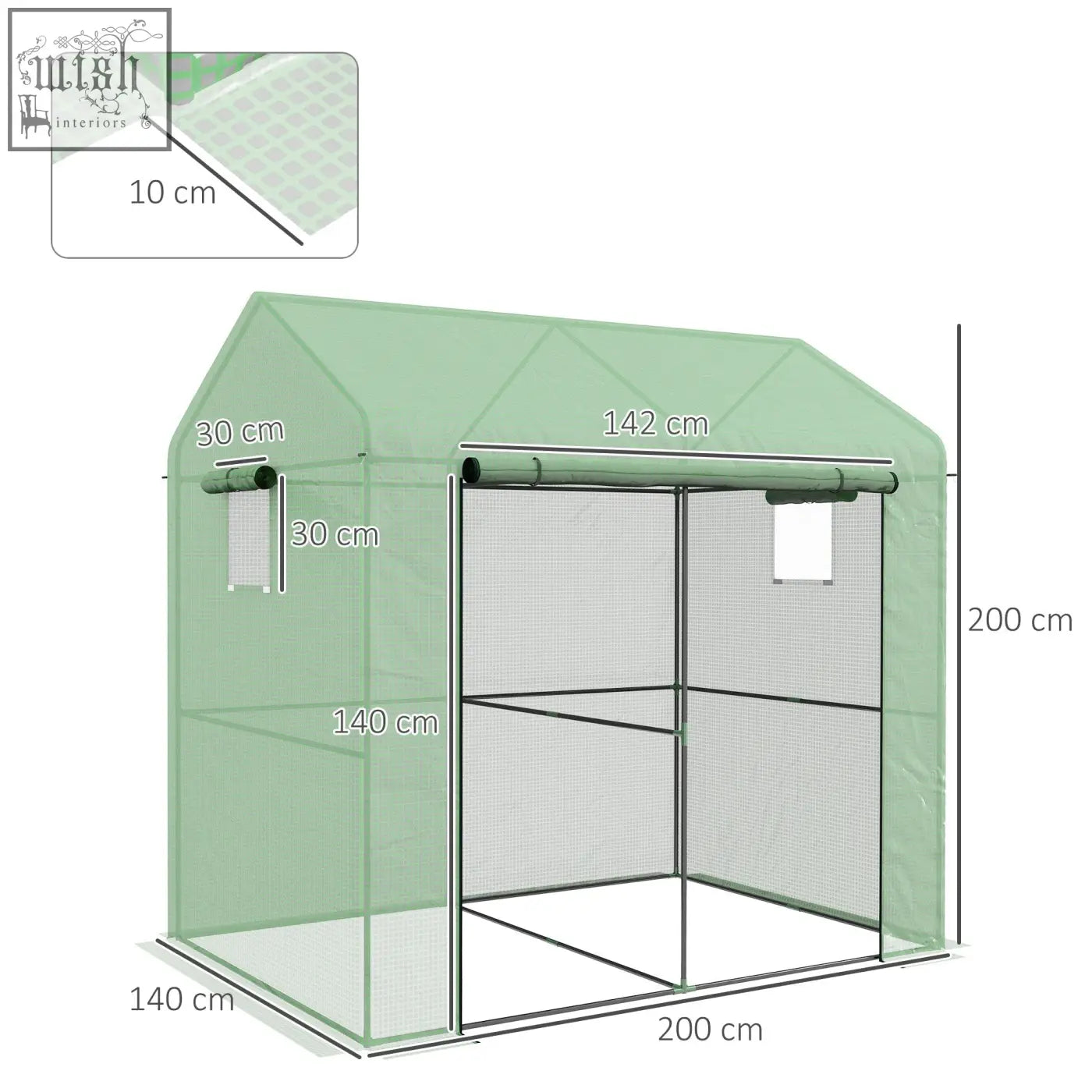 Outsunny greenhouse walk-in grow house with light green translucent plastic, metal frame, mesh panels, ground stakes included